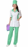 Медицинский костюм Флоренция женский: куртка, брюки, колпак белый с салатовым