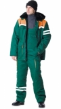 Костюм Лидер зимний: куртка длинная, полукомбинезон зелёный с оранжевым и светоотражающей полосой