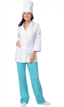 Медицинский костюм Жасмин женский: куртка, брюки, колпак белый со светло-бирюзовым