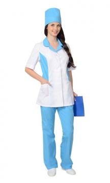 Медицинский костюм Флоренция женский: куртка, брюки, колпак белый с голубым